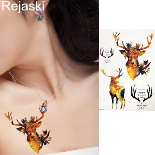 Watercolor Deer Moose Horn Fake Flash Temporary Tattoo Stickers 21*15CM Large Body Art Arm Waterproof Tattoo Inspired Words Elk
