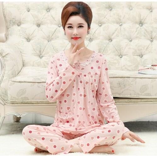 High Quality Autumn Winter 100%Cotton Women Homewear Clothing Long Sleeve Round Neck Casual Loose Soft 2Piece Set Female Pajamas