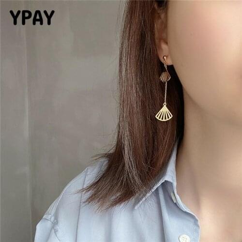 YPAY 100% Real 925 Sterling Silver Fan Shaped Long Drop Earrings for Women Korea Vintage INS Geometric Earring Jewelry YME700