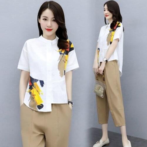 Plus Size Summer Two Piece Set Women Loose Printed Shirt Tops and Pants Suits Office Lady Fashion Sets Womens Clothes X224