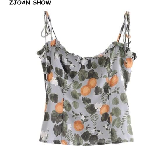 2020 Tie Bow Strap Wood ears Lemon Floral Print Camis Women Summer Ruched Tanks Retro Girl Sexy Slim Crop Top Short Tees