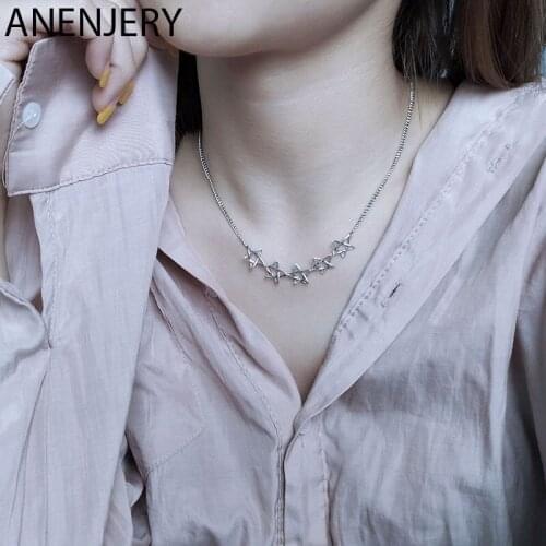 ANENJERY Handmade Five Star Necklace Female Simple Anti-allergic Thai Silver Color Star Clavicle Necklace For Women S-N666