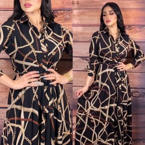 Large Size Fashion Muslim Women V-Shaped Shirt Collar Retro Chain Belt Printed Dress Long Button Cardigan Skirt Robe with Belt