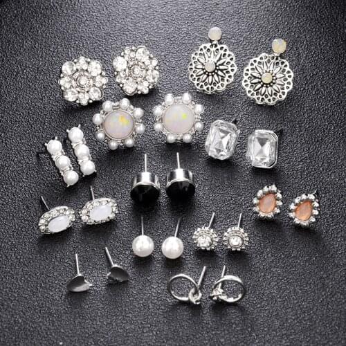 12 Pair/Set Fashion Vintage Personality Rhinestone Flower Stud Earrings Set for Women