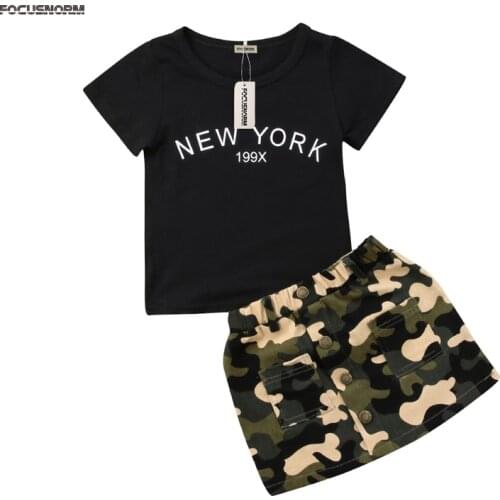 2018 Fashion Pretty Summer Infant Girls Sets 2PCS Letter Print Black Short Sleeve T-Shirts Tops Camouflage Single Breasted Skirt