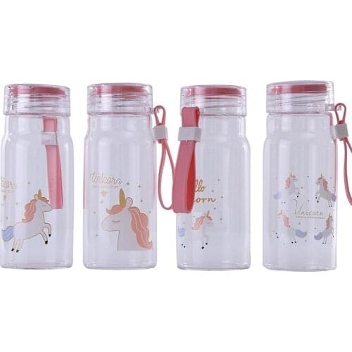 300ml Cartoon Unicorn Water Bottle Creative Animal Printed Glass Transparent Drinking Kettle Student Travel Portable Bottles Cup