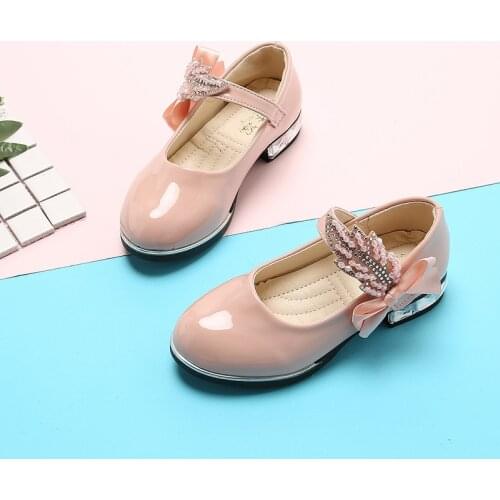 Spring autumn kids girls leather shoes bowknot rhinestone kids shoes for student dance party baby girls shoes pink black beige