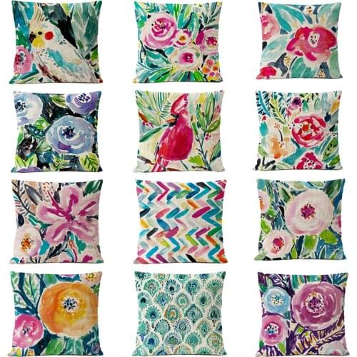 Home Decorative Throw Pillow Nordic Watercolor Floral Bird Pillow Cover Red Flower Cushion Cover sofa Linen Pillowcase
