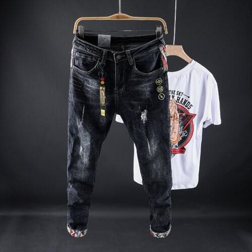 Fashion Streetwear Men Jeans High Quality Elastic Slim Fit Embroidery Designer Denim Pants Japanese Style Patchwork Trousers