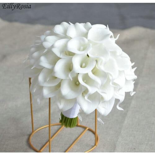 EillyRosia White Cala Lily Wedding Bouquet Artificial Holding Flowers for Bridesmaid Ball Shape Handmade Bridal Bouquet Deco