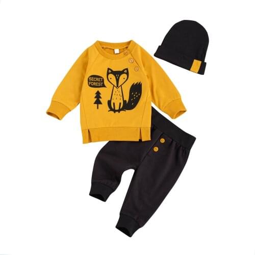 Children Long Sleeves Long Pants Suit, Newborn Boys Fox Printed Clothes Set, Autumn Round Collar Outfits with Hat 2020