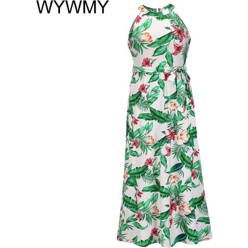 Summer Maxi Dress Women Vintage Print Bohemian Dress Ladies Sleeveless Tie-up Round Neck Halterneck Dress Sexy Sundess With Belt