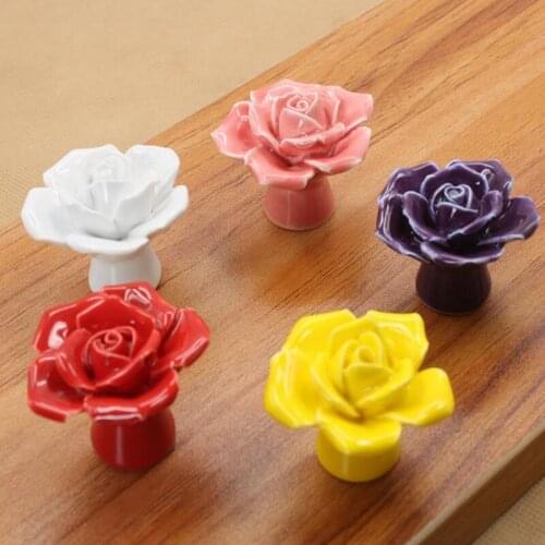 LCH Best Seller European Unique Colored Ceramic Rose Flower Shaped Knobs for Kids/ Children Cabinets Cupboard Handles and Pulls