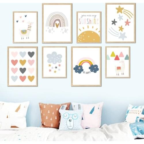 Cartoon Rainbow Cloud Alpaca Star Heart Nursery Wall Art Canvas Painting Nordic Posters And Prints Wall Pictures Kids Room Decor
