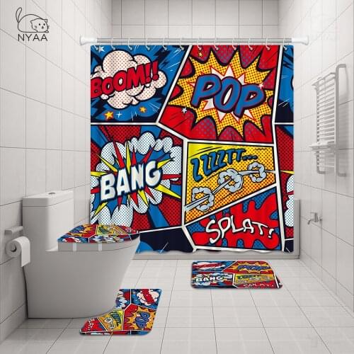 Retro Pop Art Comic Shower Curtain Set Cartoon Decor Home Speech Bubbles Non-slip Toilet Seat Lid Cover Bath Mat with Hooks