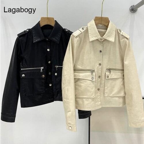 Lagabogy New Spring Autumn Women Soft Faux PU Leather Jacket Female Moto Biker Slim Black Coat Ladies Casual Outwear