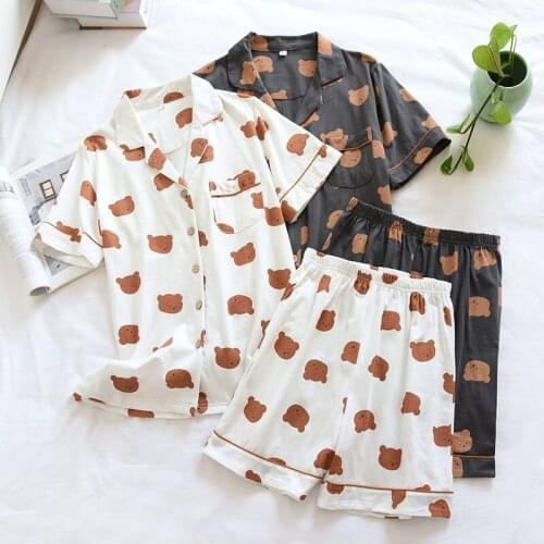 New Summer Couple Cotton Pajamas Two-Piece Thin Short-Sleeved Shorts Ladies Knitted Cartoon Bear Pajama Suit MenS Home Wear Set