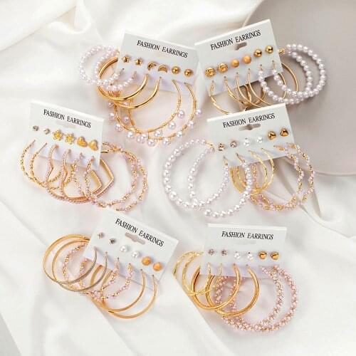 FNIO Korean Fashion Vintage Gold Color Hoop Earrings Set Pearl Butterfly Dangle Earrings For Women 2021 Jewelry Sets