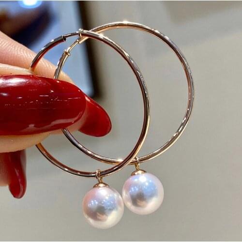 MADALENA SARARA AAA 8-9mm Freshwater Pearl Natural White 18K Gold Dangle Circle Earrings
