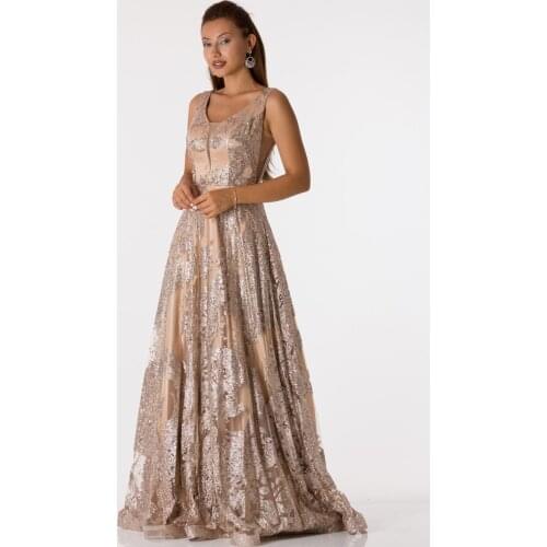 SHECCA (63131) Patterned Fabric V Neck Gold Prom Dress