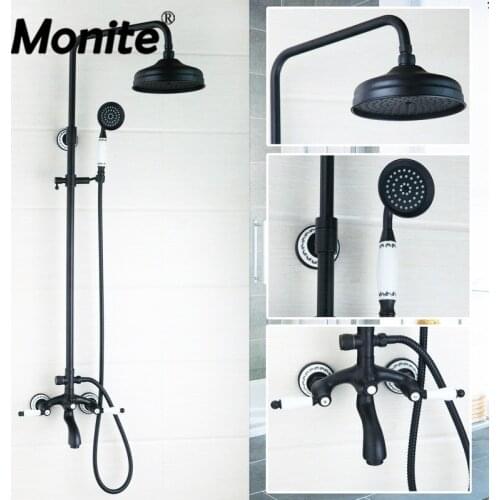 Monite Bronze Black Bathroom Shower Faucet Mixer Wall Mount 8"Rainfall Shower Set Mixer Tap Brass Tub Spout Bath Shower Mixers