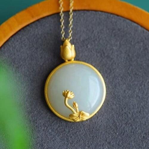 Hetian Jade Safety Buckle Pendant Womens Jade round Necklace Womens Sterling Silver Clavicle Chain Retro Lotus Pendant Necklac