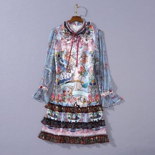 European and American womens wear 2020 winter new style Trumpet long sleeve stand-up collar Cartoon print fashion dresses