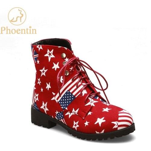 Phoentin stars printed canvas shoes women 2019 fashion US & UK flag red martin boots female lace up low heels plus size 46 FT707