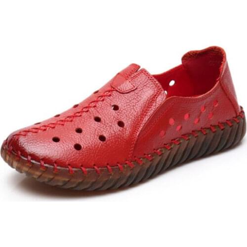 2020 New Spring Summer Round Head Hollow Cool Hole Shoes Soft Comfortable Casual Flat Shoes Cowhide Women Genuine Leather Shoes