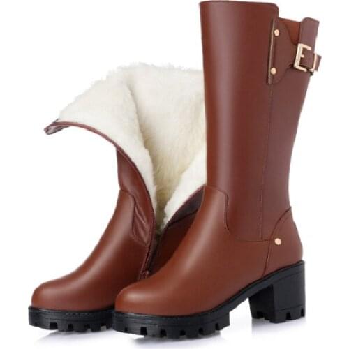Krasovki Wool Snow Boot Women Genuine Leather Warm Fur Warm Shoes Zipper Plush Boots High Heel Platform for Women Winter Boots