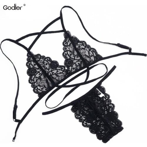 Godier Women sexy lace transparent bra set Across Bra High Waist G-string Underwear Suit ultra-thin lingerie set Straps bralette