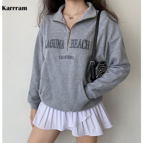Karrram Vintage Letter Embroidery Pullover Women Korean Style Oversized Sweaters Autumn Winter Loose Sweatshirt Gray Streetwear