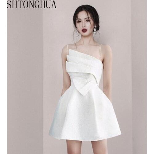 Runway Designer White Mini Dress Summer Women Spaghetti Strap Ruffles Jacquard White Ball Gown Dress Sexy Holiday Party Dresses