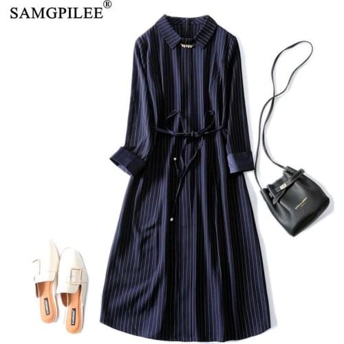 Autumn Dresses For Women 2021 New Striped Turn Down Collar Slim Knee Length Fashion Elegant Spring Korean Style Woman Dress 4XL