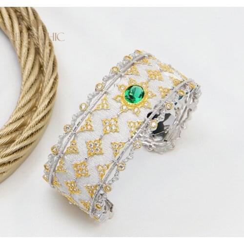 925 Silver Renaissance Engraving Solitaire Emerald CZ Bangle Wedding Starry Cuff Fabric Rich Texture Bridal Bracelet C11B2S25648
