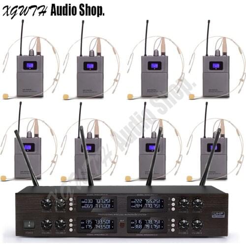 Black Skin 8 Head Wearing Headset Condenser UHF Wireless Microphone System 400 Channel for DJ Stage Performance Karaoke Mic