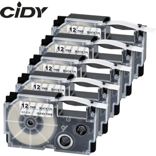 CIDY 5pcs comapatible XR-12X label tape Casio KL-60-L KL-120 12mm black on clear XR12X XR12X for EZ label maker KL-60SR