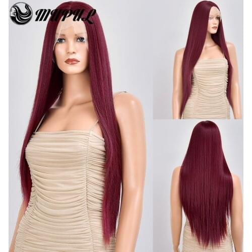 Long Silky Stright Wine Red Hair Synthetic Lace Front Wig For Black White Women T Part Female Fiber Natural Heat Resistant Wigs