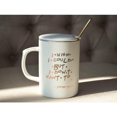 Friends tv show phoebe buffay monica geller white black cup mug with lid and spoon