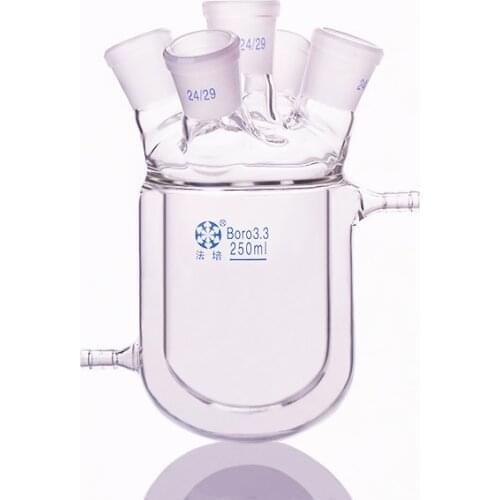 Double-deck cylindrical Five-necked round bottom flask,Capacity 250ml,Joint 24/29,Mezzanine jacketed reactor bottle