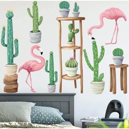 Flamingo Cactus Potted Plant Wall Stickers Living room Bedroom Kids room Home Decor Vinyl Wall Decals Removable PVC Art Murals