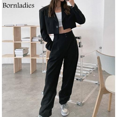 Bornladies Autumn Two Piece Sets Korean Fashion Blazer Suits Women Crop Coat and Pant Suits Long Sleeve Ensemble 2 Pieces Outfit