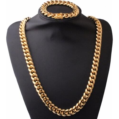 Mens Fashion Gold Color Bracelet&Necklace Jewelry Sets 15mm Wide Bike Stainless Steel Miami Curb Cuban Link Chain