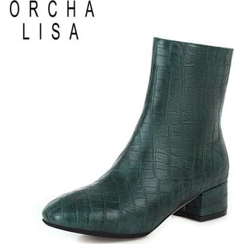 ORCHALISA Winter Mid-calf boots Square toe 4cm Block heels checkered Zip Solid Big size 34-48 Black Green Apricot Work C2049
