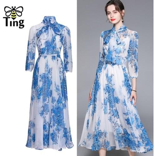 Tingfly Women Summer Fashion Floral Midi Long Dress Bowknot Collar Chiffon Flowy High Waist Casual Vestidos Robes Vestidos Traf