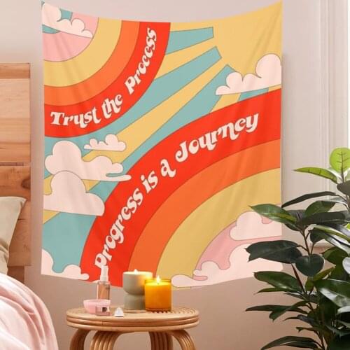 Retro Rainbow Tapestry Wall Hanging Sunshine Tapestries Bedroom Bedspread Throw Cover Sun Moon Wall Decor PROGRESS IS A JOURNEY