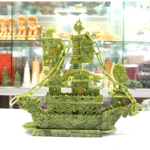 Jade 38cm Luxury Sails Smooth Dragon Boat Ornaments Jade Carving Collection Crafts Gifts Living Room TV Cabinet Decoration