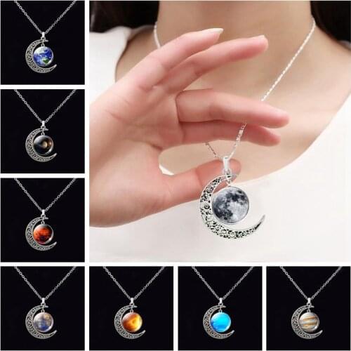 Solar System Galaxy Planet Nebula Glass Cabochon Pendant Necklace Crescent Moon Jewelry Chain Necklace Friend Best Gifts