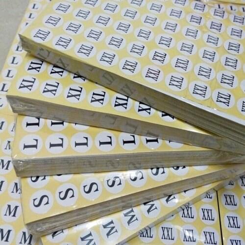 Stock printed white size label stickers, number tags,Garment size label Round paper size sticker Free shipping