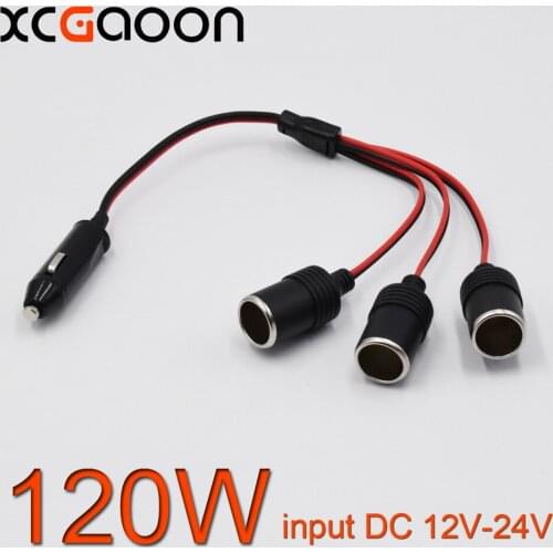 XCGaoon 120W 10A 3 Ways Triple Car Cigarette Lighter Splitter Female Socket Plug Power Adapter input 12V 24V Lengh 47cm